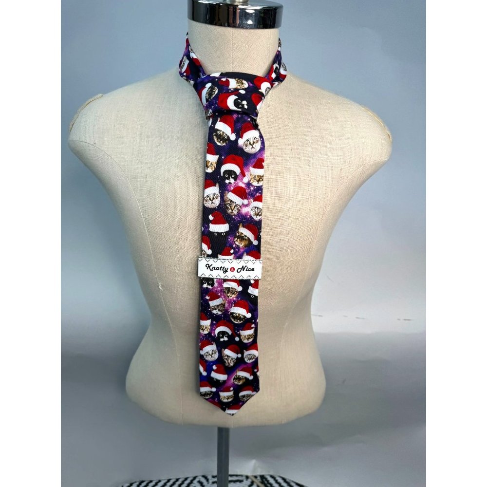 Knotty and Nice Holiday Space Cats Tie  OS Purple, red  Christmas Cats Space Pol